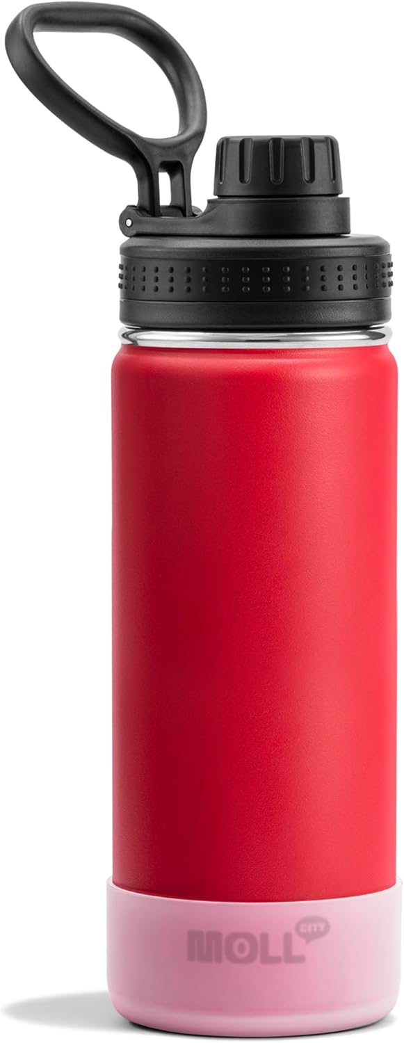 Insulated Water Bottle-18 oz Stainless Steel Vacuum Wide Mouth Sports Flask with Silicone Boot-Reusable Metal Leak Proof Christmas Water Bottle for Girls Boys, BPA-Free(Canyon Red)